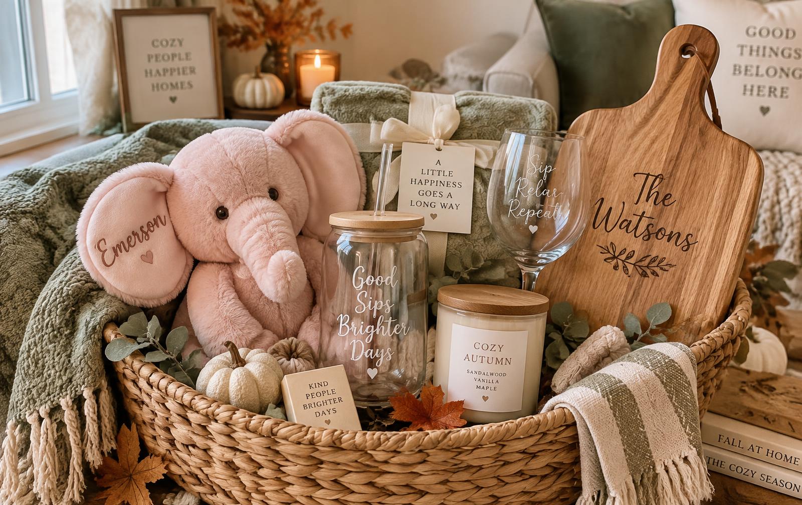 Gift basket with a personalized elephant stuffie, glass tumbler, wine glass and scorch-painted charcuterie board